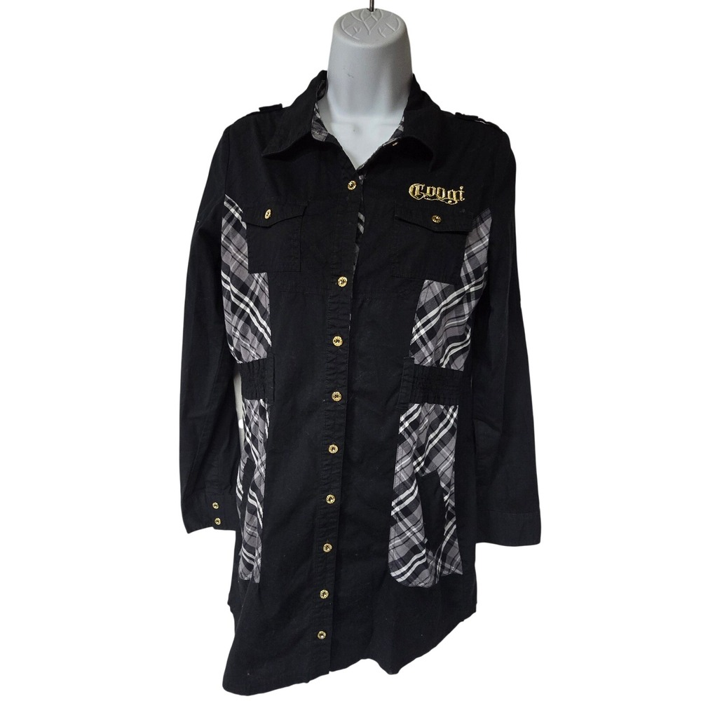 COOGI Black Plaid Panel‎ Long Sleeve Button Up Shirt Dress Tunic Women's L